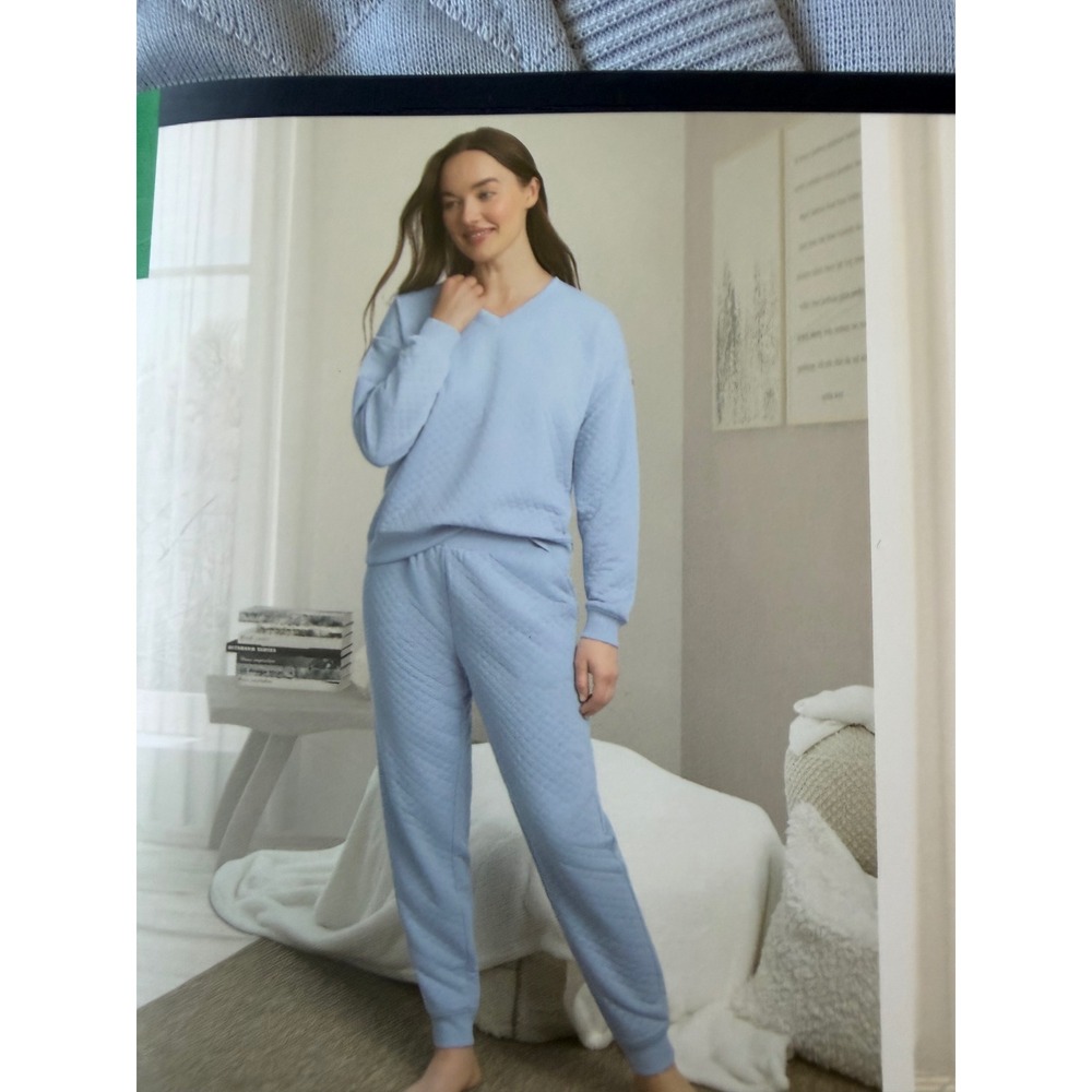 Lands End Womens XL Quilted Lounge Set 2-Piece Blue V-Neck Top Jogger Pants NEW - Picture 3 of 4